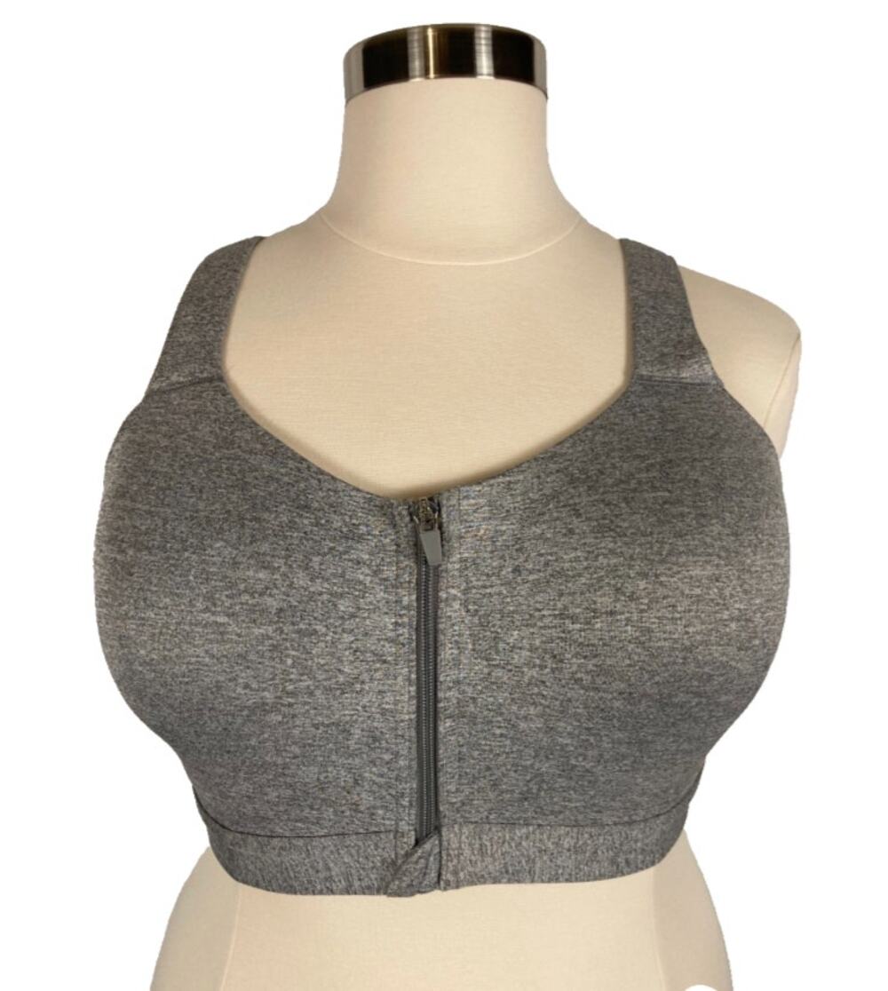 3X MTA sport front closure zip sports bra gray grey cross back